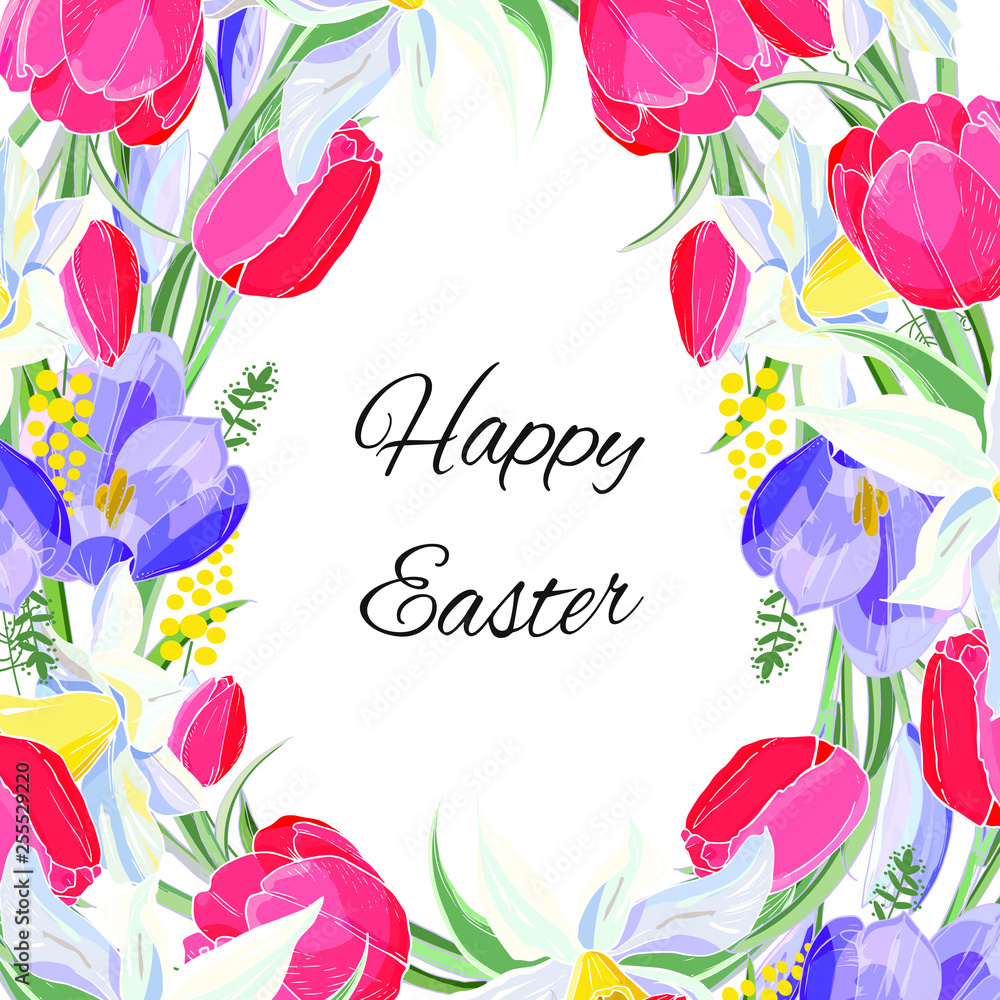 Stock vector floral spring easter greeting card. Beautiful flower frame from red tulips, daffodils and crocuses. Isolated and hand drawn illustration. Floral design, easter backdrop. Festive print. Stock vector floral spring easter greeting card. Beautiful flower frame from red tulips, daffodils and crocuses. Isolated and hand drawn illustration. Floral design, easter backdrop. Festive print.