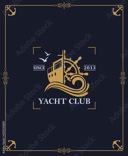 yacht club label isolated on dark background in decorative frame