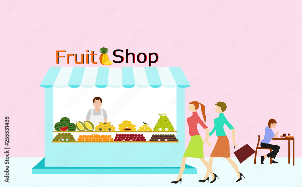 Merchants selling fruit are standing in the fruit shop. There are people walking through and having a pink background.