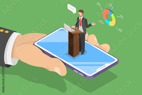 Isometric flat vector concept of online conference, business meeting, webinar, group training.