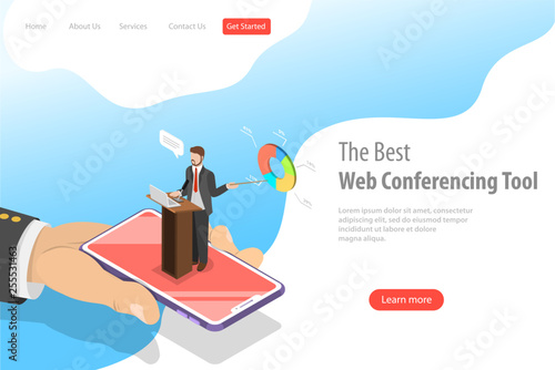 Isometric flat vector landing pate template of online conference, business meeting, webinar, group training.