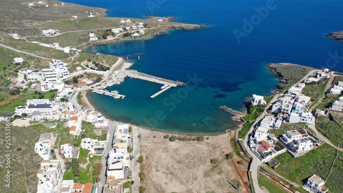 Fototapeta Naklejka Na Ścianę i Meble -  Aerial drone photo from picturesque seaside fishing village of Loutra famous of hot springs in island of Kythnos at spring, Cyclades, Greece