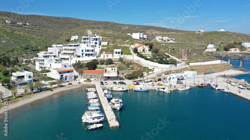 Aerial drone photo from picturesque seaside fishing village of Loutra famous of hot springs in island of Kythnos at spring, Cyclades, Greece © aerial-drone