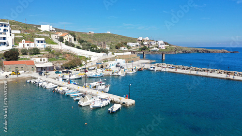 Aerial drone photo from picturesque seaside fishing village of Loutra famous of hot springs in island of Kythnos at spring, Cyclades, Greece
