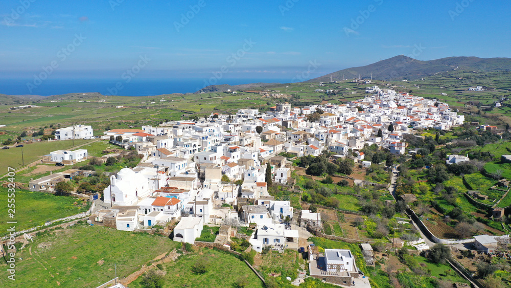 Aerial drone photo of beautiful and picturesque main village of Kythnos or Kithnos island at spring, Cyclades, Greece