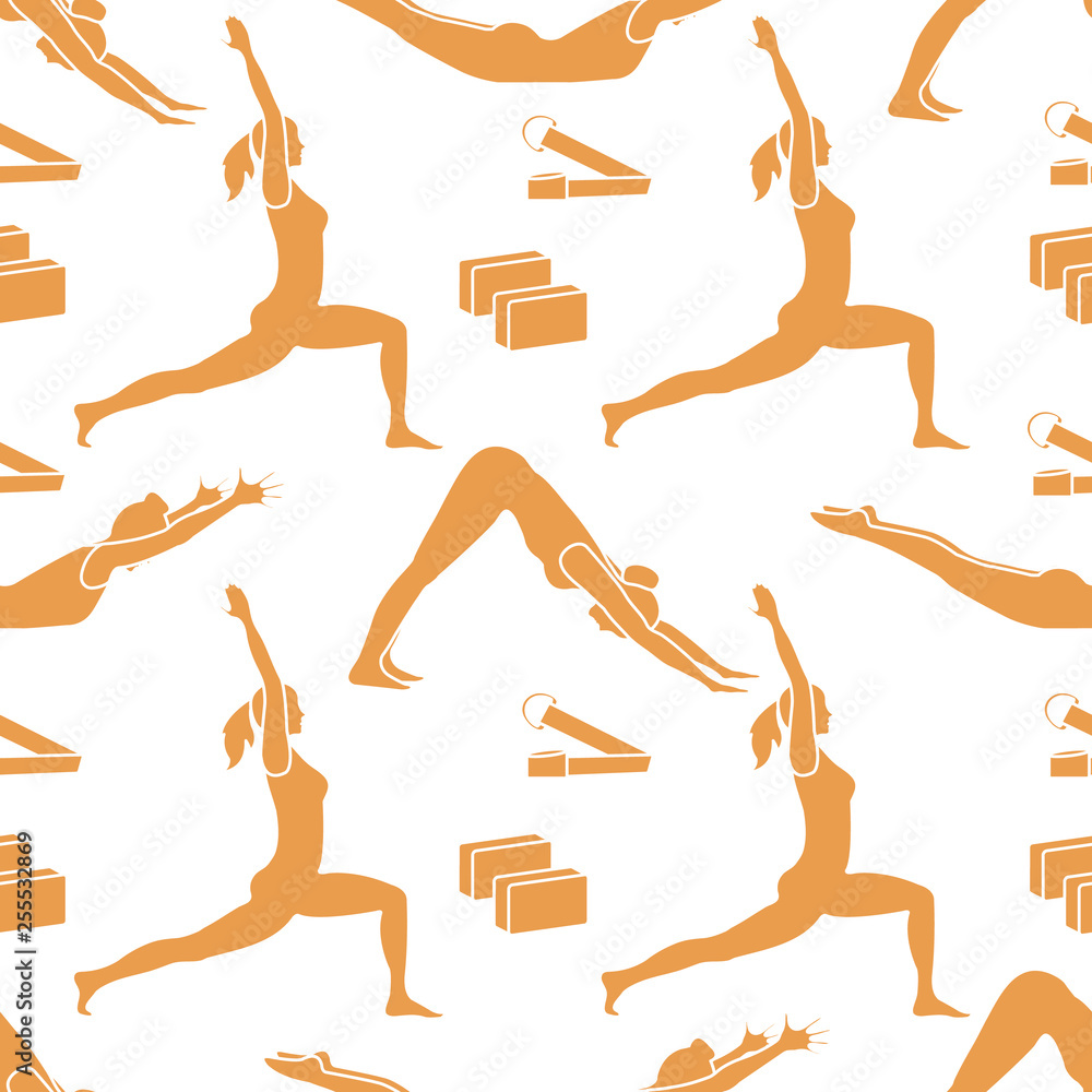 Sports seamless pattern with women doing yoga.