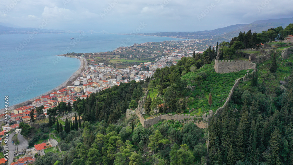 Aerial drone photo of iconic Venetian port and castle of Nafpaktos famous from battle of Lepanto a historic event of great importance, Aitoloakarnania, Greece
