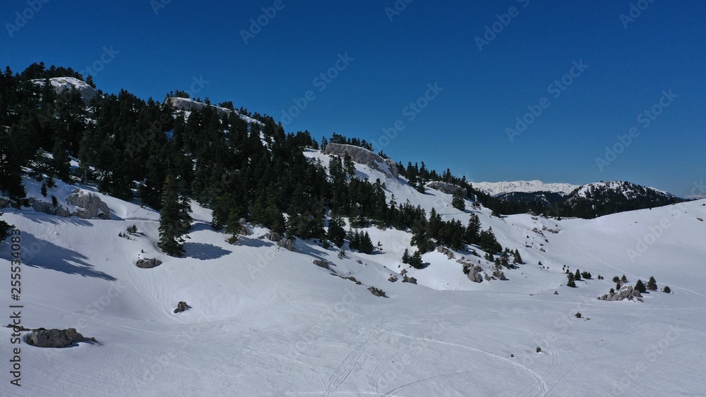 Aerial drone photo of iconic snowed mountain of Parnassus with popular ski resort covered up in snow and unique nature, Voiotia, Greece