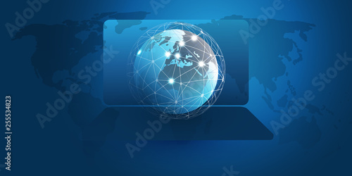 Fototapeta Naklejka Na Ścianę i Meble -  Global Networks Design with Earth Globe and Laptop - Vector Template for Your Business 