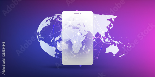 Global Networks Design with Network Mesh, Earth Globe and Smartphone Silhouette - Vector Template for Your Business 