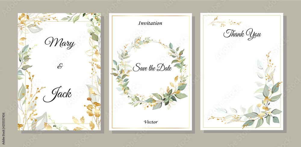 Set of cards with green and gold leaves. Decorative invitation to the holiday. Wedding, birthday. Universal card. Template for text.  Vector illustration.