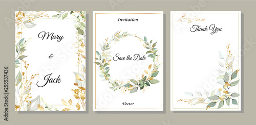 Set of cards with green and gold leaves. Decorative invitation to the holiday. Wedding, birthday. Universal card. Template for text.  Vector illustration.