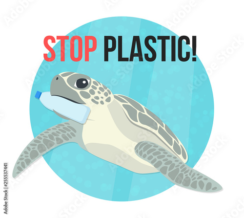 Meeresschildkröte frisst Plastik Schildkröte mit Plastik Flasche im Maul Flat Design Icon
