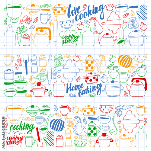 Vector set of children's kitchen and cooking drawings icons in doodle style. Painted, colorful, pictures on a sheet of checkered paper on a white background.