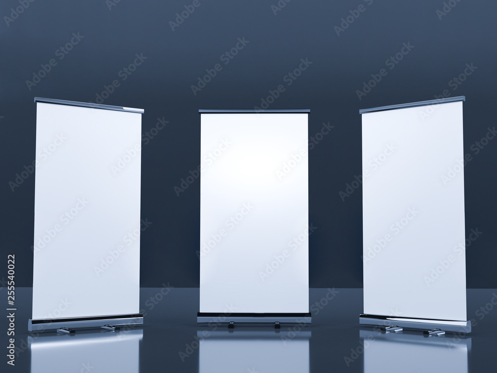 Outdoor Advertising Stand Banner (empty roll-up poster) - mockup template. 3D rendering Outdoor Advertising Stand Banner (empty roll-up poster) - mockup template. 3D rendering