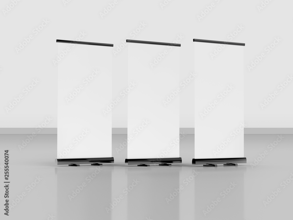 Outdoor Advertising Stand Banner (empty roll-up poster) - mockup template. 3D rendering Outdoor Advertising Stand Banner (empty roll-up poster) - mockup template. 3D rendering