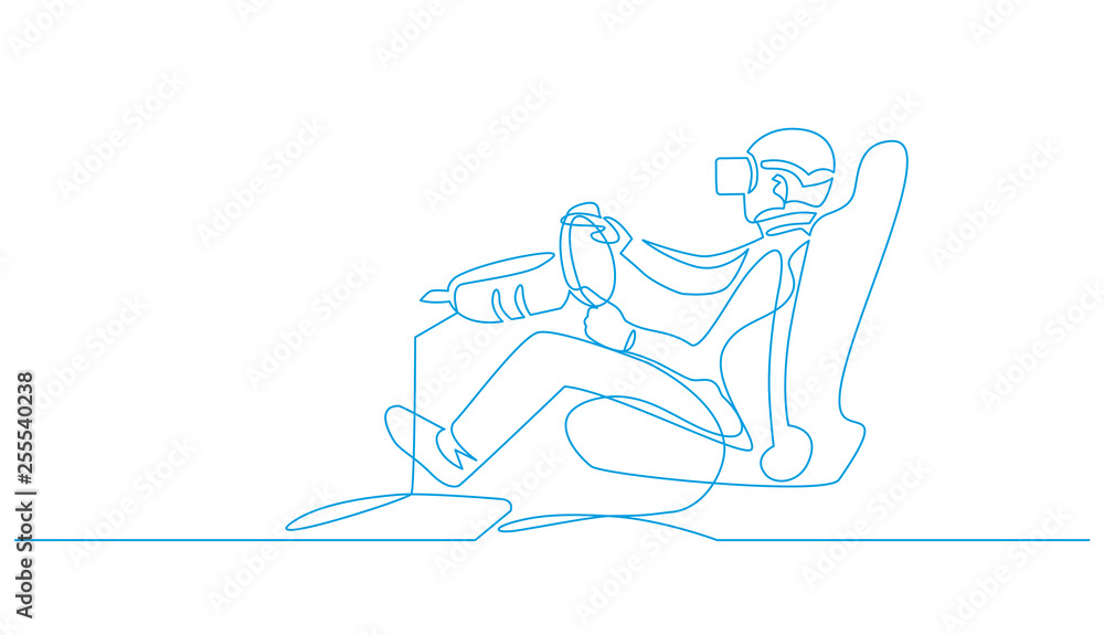 Man sitting in VR motion chair continuous one line drawing Man sitting in VR motion chair continuous one line drawing