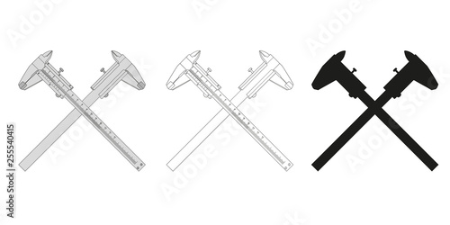 Set of crossed calipers in different styles. Calipers silhouette. Vector illustration.
