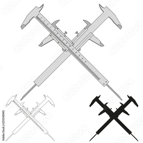 Set of crossed calipers in different styles. Calipers silhouette. Vector illustration.