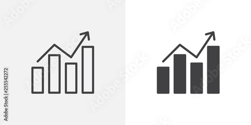 Business graph diagram icon. line and glyph version, Bar chart with rising arrow outline and filled vector sign. linear and full pictogram. Symbol, logo illustration. Different style icons set