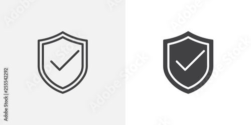 Security shield protected icon. line and glyph version, outline and filled vector sign. Shield with check mark linear and full pictogram. Symbol, logo illustration. Different style icons set