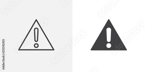 Warning attention icon. line and glyph version, outline and filled vector sign. Exclamation mark triangle linear and full pictogram. Symbol, logo illustration. Different style icons set