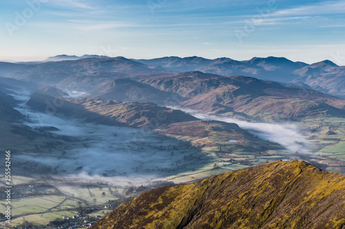 A view of valley below Blencathra toward Thirlmere and Derwent Water  Lake District Cumbria