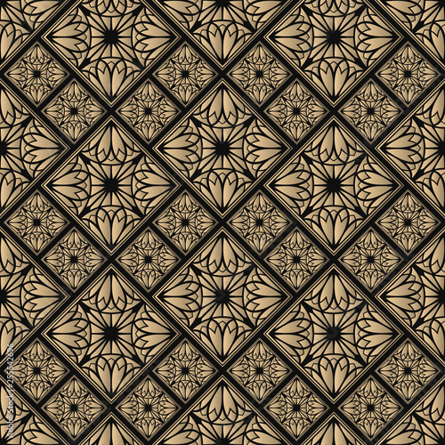Seamless pattern oriental ornament. Black and golden textile print. Islamic vector design. Floral tiles.