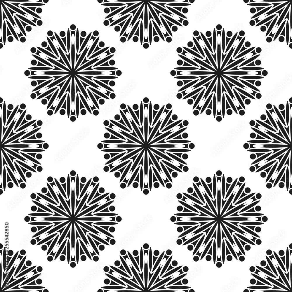 Obraz premium Seamless pattern with abstract flowers. Fashion textile print. Asian fabric background. Vector monochrome design. Perforation floral holes.