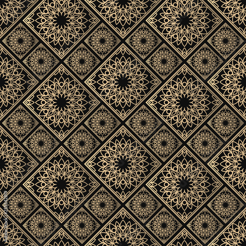 Islamic vector design. Seamless pattern oriental ornament. Black and golden textile print. Floral tiles.