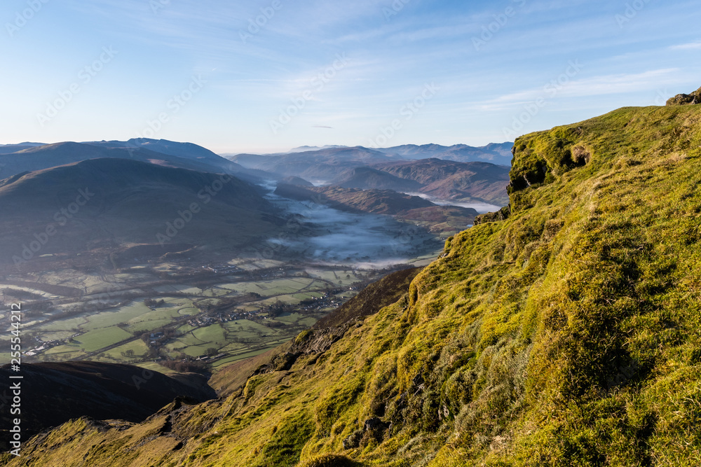 A view of valley below Blencathra toward Thirlmere and Derwent Water, Lake District Cumbria