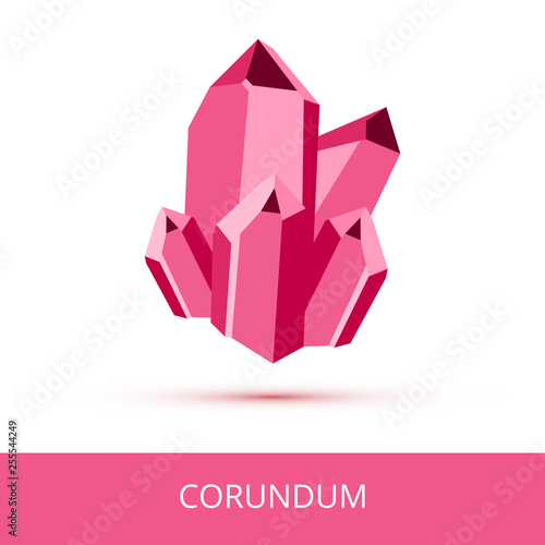 Vector mineralogy icon of aluminium oxide mineral corundum Al2O3 from the mohs scale of mineral hardness. Dark pink or red crystalline stone or gemstone crystal isolated on a white background.