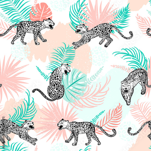 Leopard seamless pattern. Composition with leopards in different poses. Abstract brush strokes and tropical leaves. Vector illustration for textile  postcard  fabric  wrapping paper and packaging.