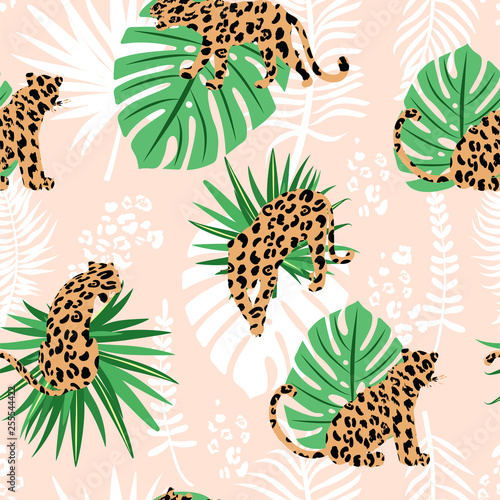 Trendy seamless exotic pattern. Composition with abstract silhouettes of leopards, tropical leaves and textures. Vector illustration for textile, postcard, fabric, wrapping paper and packaging.