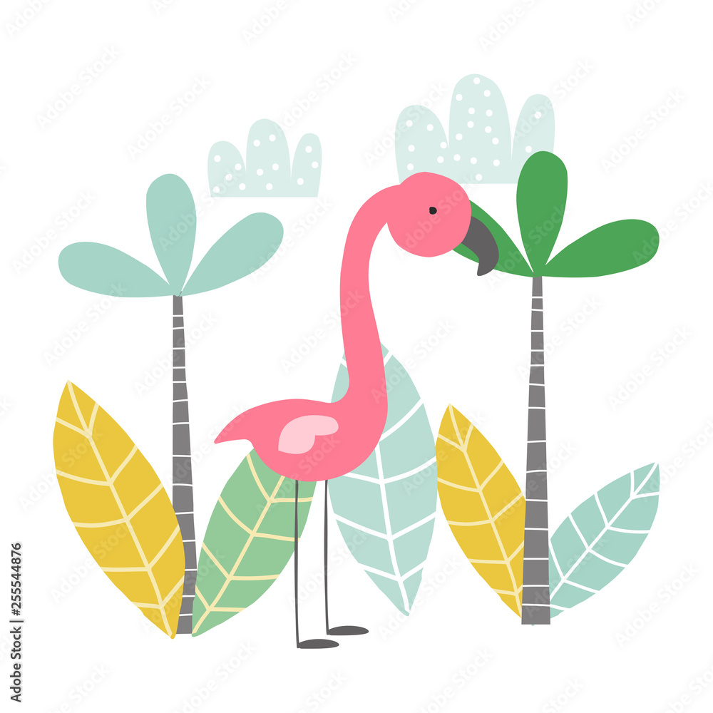 Funny flamingo on a tropical beach. Kids summer print. Vector hand drawn illustration. Funny flamingo on a tropical beach. Kids summer print. Vector hand drawn illustration.