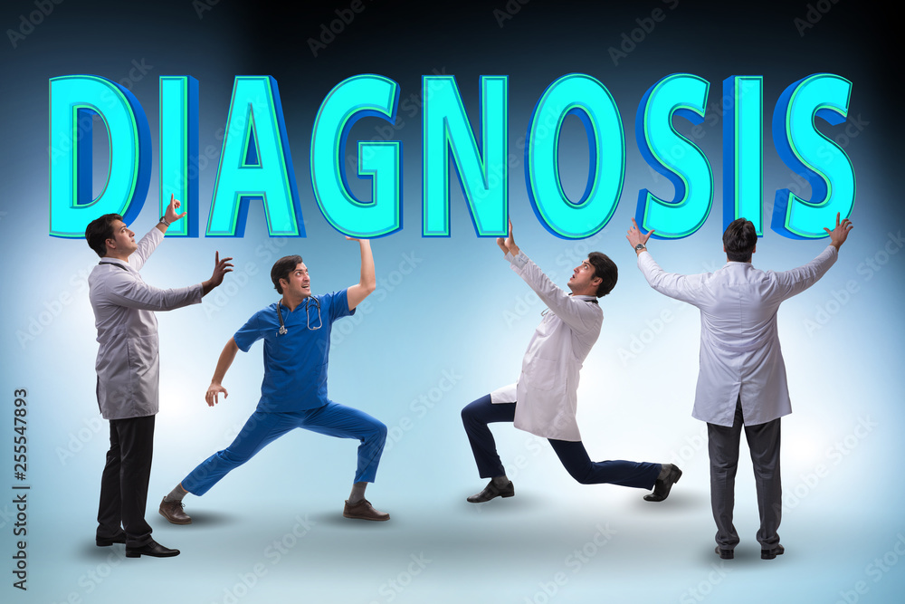 Group of doctors holding diagnosis letters Group of doctors holding diagnosis letters