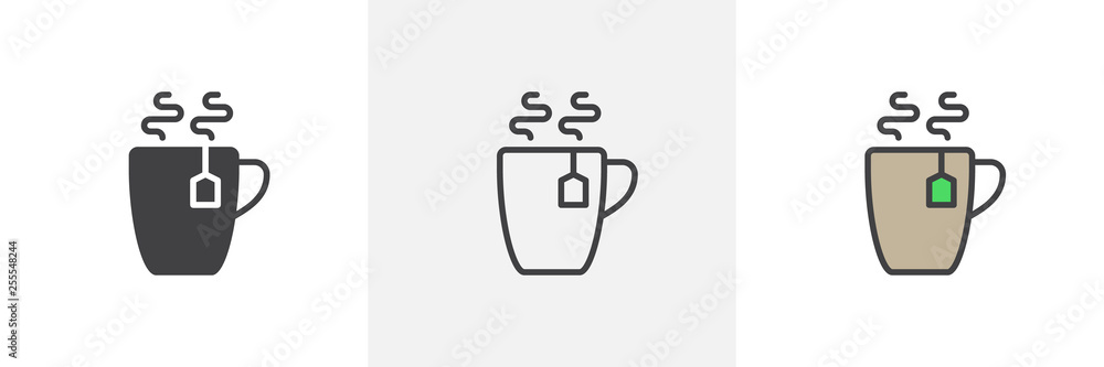 Hot tea cup icon. Line, glyph and filled outline colorful version, Tea mug with tea bag outline and filled vector sign. Breakfast symbol, logo illustration. Different style icons set. Vector graphics Hot tea cup icon. Line, glyph and filled outline colorful version, Tea mug with tea bag outline and filled vector sign. Breakfast symbol, logo illustration. Different style icons set. Vector graphics