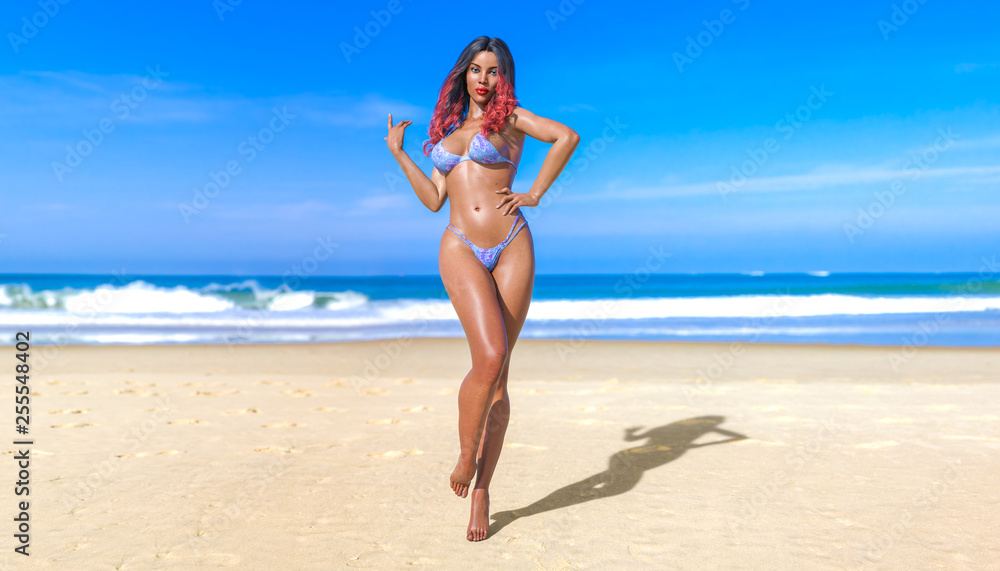 3D beautiful sun-tanned woman blue swimsuit bikini on sea beach. Summer rest. Blue ocean background. Sunny day. Conceptual fashion art. Seductive candid pose. Realistic render illustration. 3D beautiful sun-tanned woman blue swimsuit bikini on sea beach. Summer rest. Blue ocean background. Sunny day. Conceptual fashion art. Seductive candid pose. Realistic render illustration.