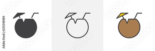 Coconut cocktail icon. Line, glyph and filled outline colorful version, fresh cocktail with straw and umbrella outline and filled vector sign. Symbol, logo illustration. Different style icons set. 