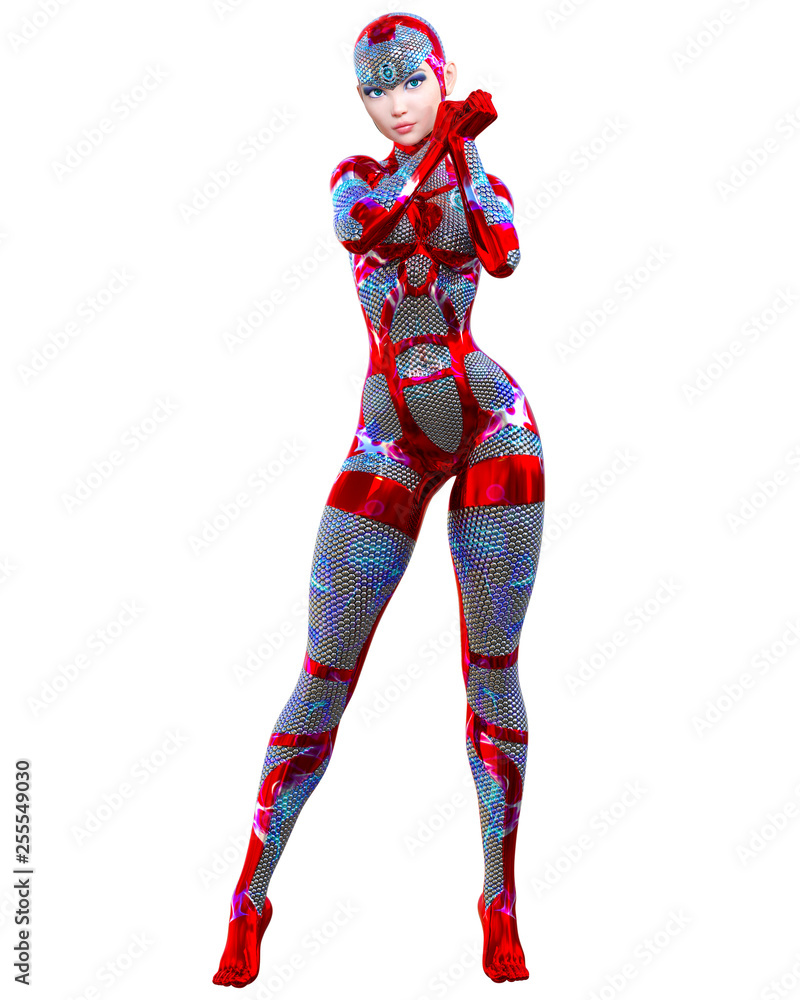 Cyborg droid robot woman futuristic metallic neon suit.Squama armor.Extravagant fashion art.Girl standing candid provocative pose.Realistic 3D rendering isolate illustration.Comic hero. Cyborg droid robot woman futuristic metallic neon suit.Squama armor.Extravagant fashion art.Girl standing candid provocative pose.Realistic 3D rendering isolate illustration.Comic hero.