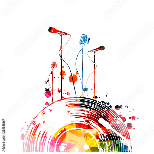 Music background with colorful vinyl record and microphones vector illustration design. Artistic karaoke poster, music festival poster, live concert events, party flyer