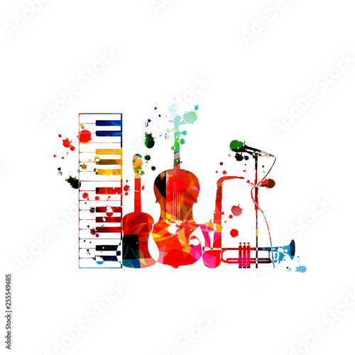 Music background with colorful music instruments isolated vector illustration design. Artistic music festival poster, live concert events, party flyer with piano,guitar, cello, sax, trumpet and mic