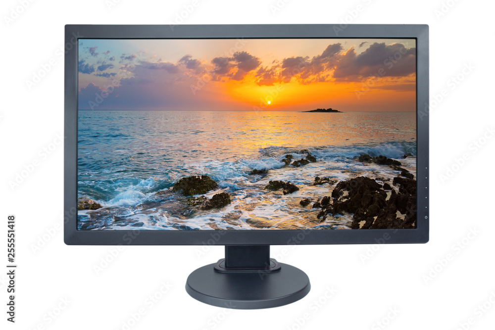 Fototapeta premium Computer monitor isolated on white with screensaver running