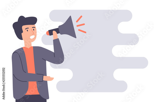 Business man speaking in megaphone on white background. Megaphone alert advertising and propaganda concept. Cartoon character of man. Vector illustration flat style.