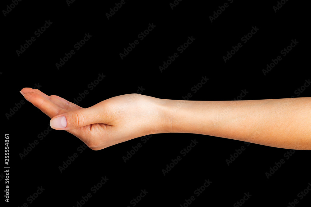 Woman showing open hand taking or showing something Woman showing open hand taking or showing something