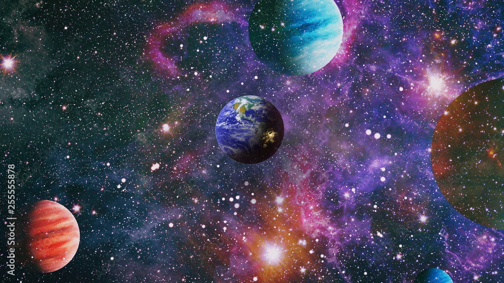 Earth in the outer space collage. Earth and galaxies in space. Science fiction art. Earth planet in galaxy use for science design fantasy - obrazy, fototapety, plakaty 