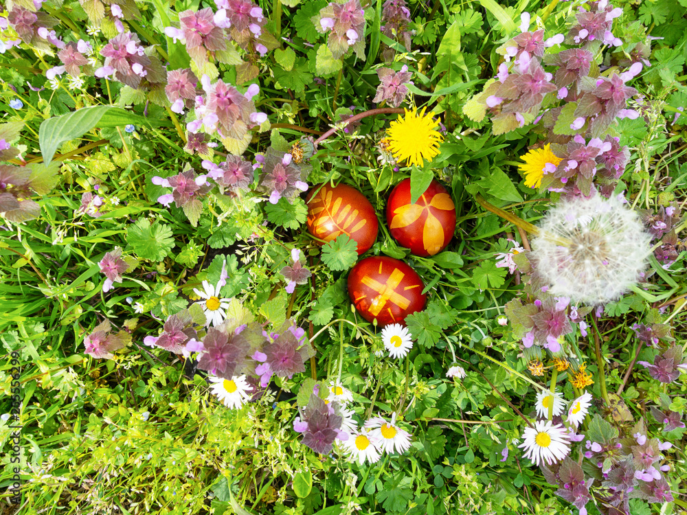 Εκτύπωση καμβά uova di Pasqua pittati sul prato in mezzo i fiori