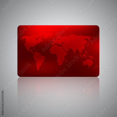 Travel agency business card. Gift card, discount or credit card with world map on red background