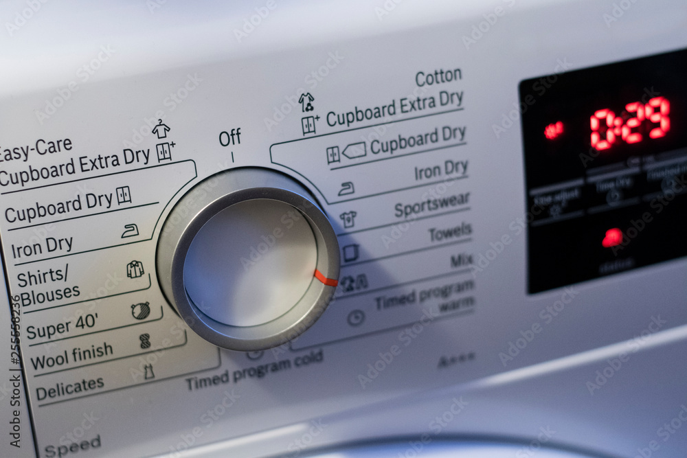 Touch screen display with countdown from clothes dryer and knob. Touch screen display with countdown from clothes dryer and knob.