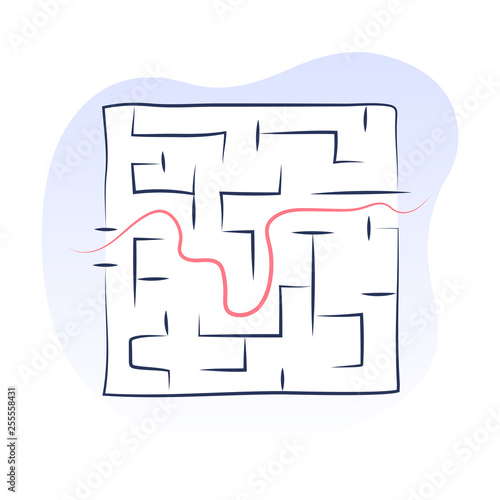 The Maze, labyrinth with one entrance, one exit and one right way to go. Search for a way out of the situation, problem solving. Flat outline vector illustration on white.